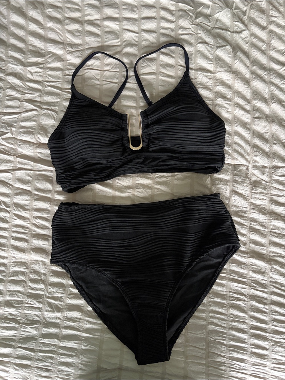 Black Textured High-Waist Bikini Set
